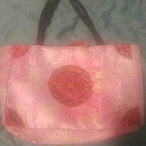 Pink red gold silk chinese tote bag